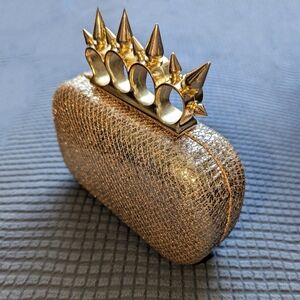 Gold Glitter Knuckle Grip with Spike Handles. Clutch/ Evening Bag